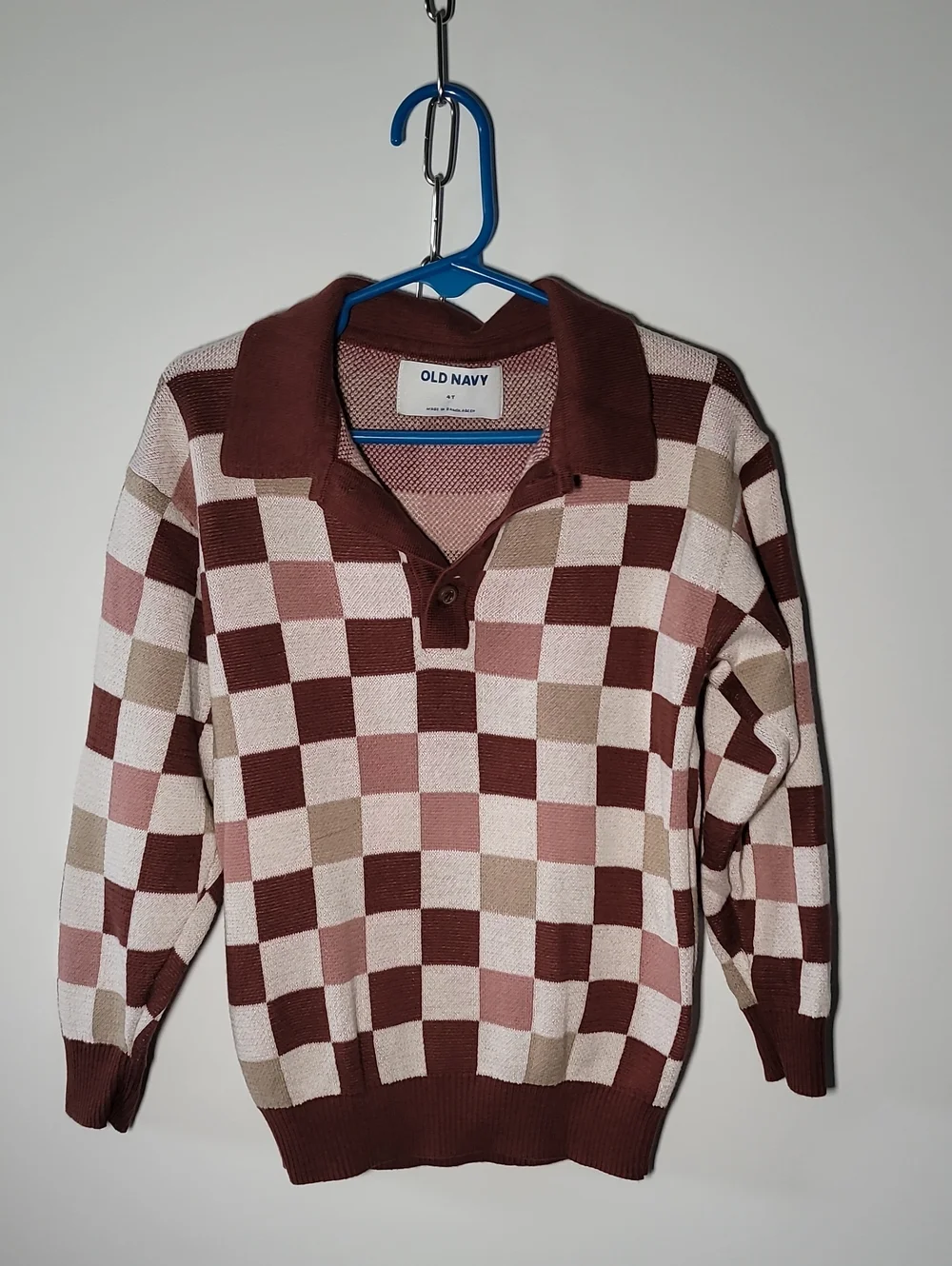 Old Navy Men’s Checkerboard V-Neck Polo Sweater - Brown, Pink, Cream
